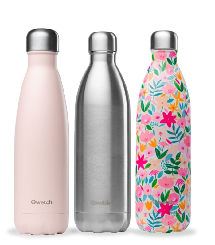 Qwetch - Bouteille Isotherme Tropical Noir 1L - Gourde Nomade Inox
